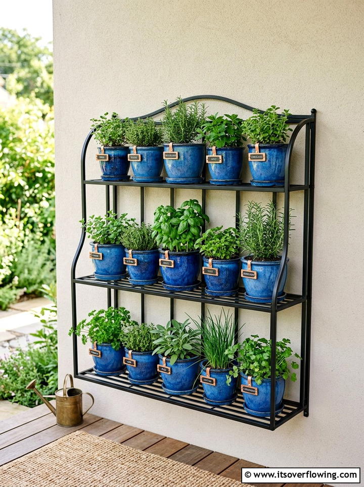 Ceramic pot herb shelf - 25 front porch ideas with herb planters