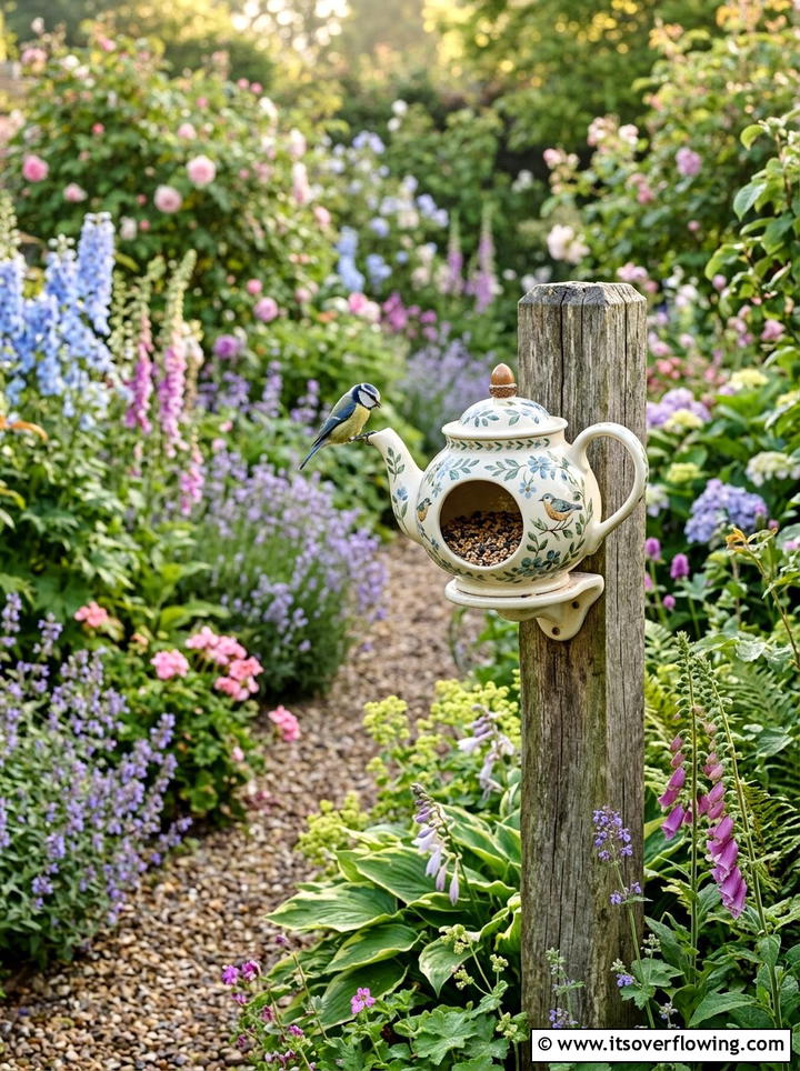 Ceramic teapot bird feeder - 25 upcycled garden ideas with watering stations