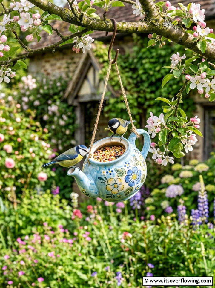 Ceramic teapot bird feeder - 25 upcycled garden ideas on a budget