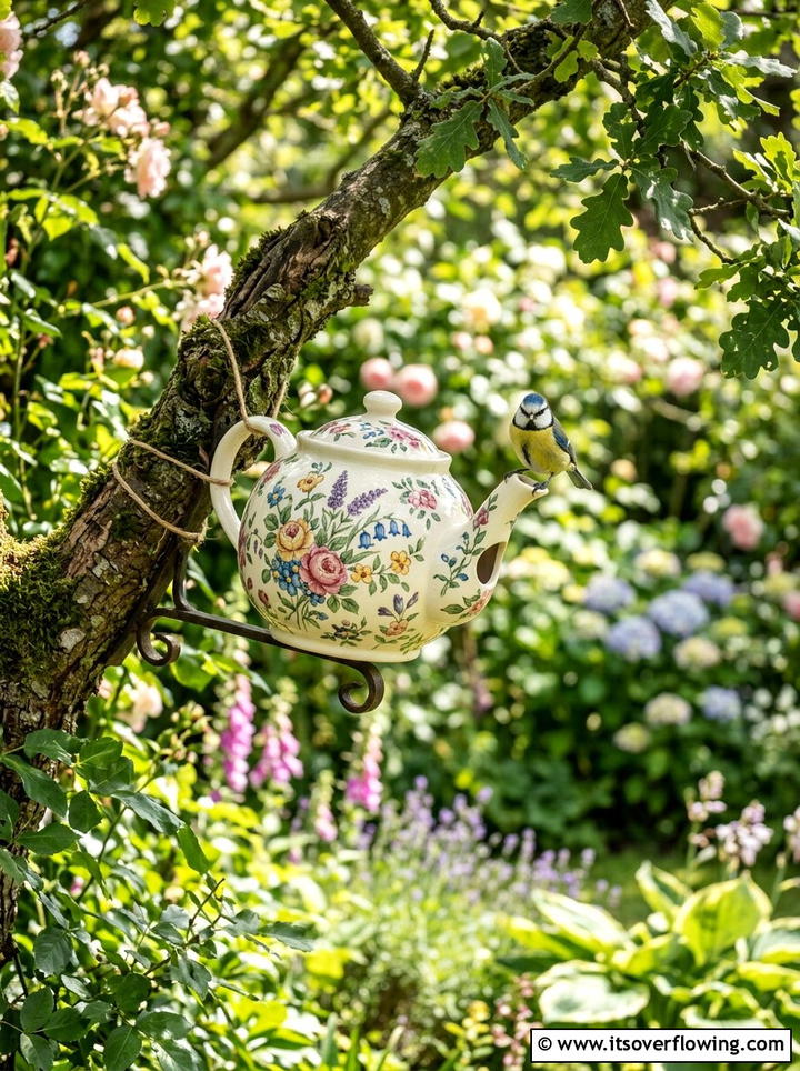 Ceramic teapot bird house - 25 reusing old things ideas for garden decor
