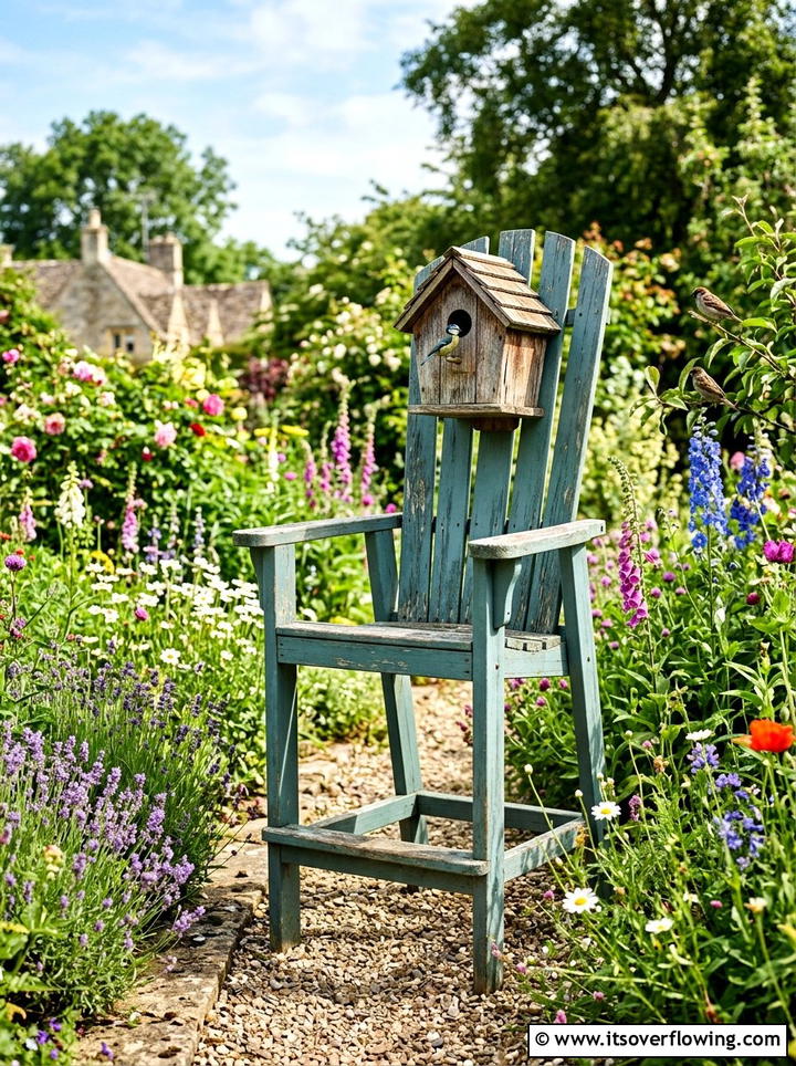 Chair bird house stand - 25 upcycled garden ideas with old chairs