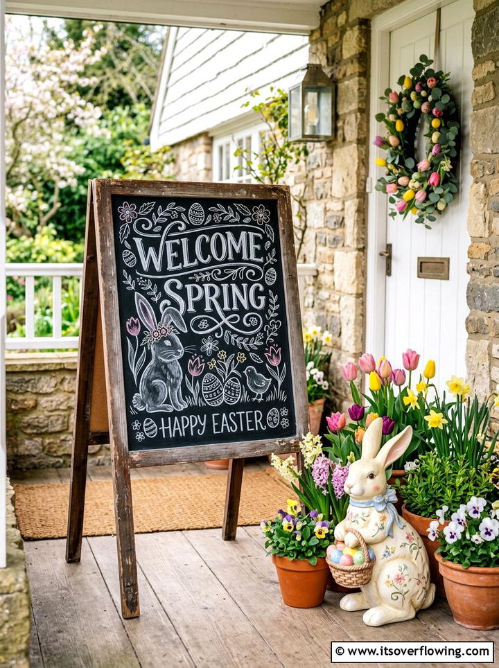 Chalkboard Easter Greeting Sign - 25 front porch decor ideas for easter