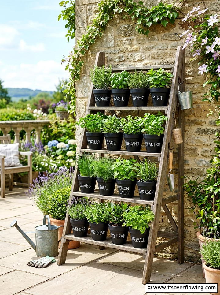 Chalkboard Label Ladder Planter - 25 backyard ideas with old ladder planter