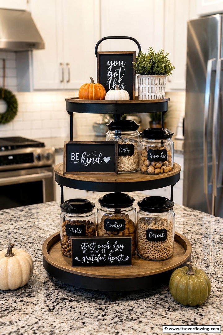 Chalkboard Label Organization - 50 Fall Tiered Tray Decor Ideas for Festive Shelves