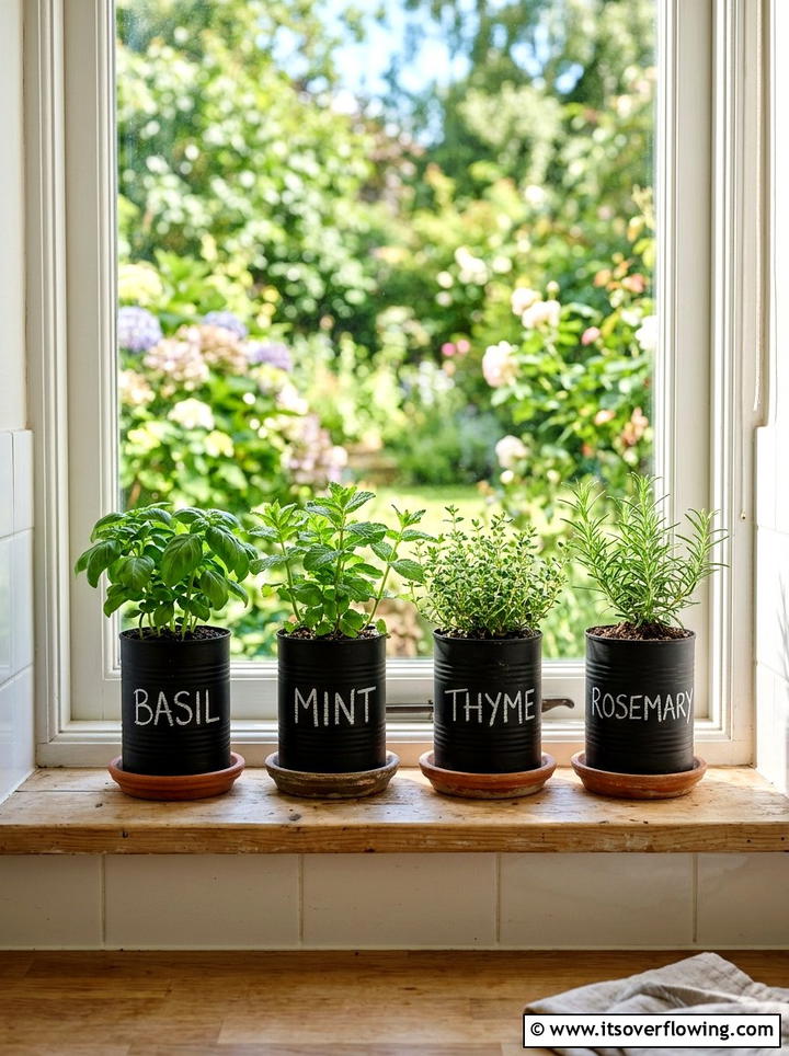 Chalkboard Label Planters - 25 upcycled garden ideas with tin cans