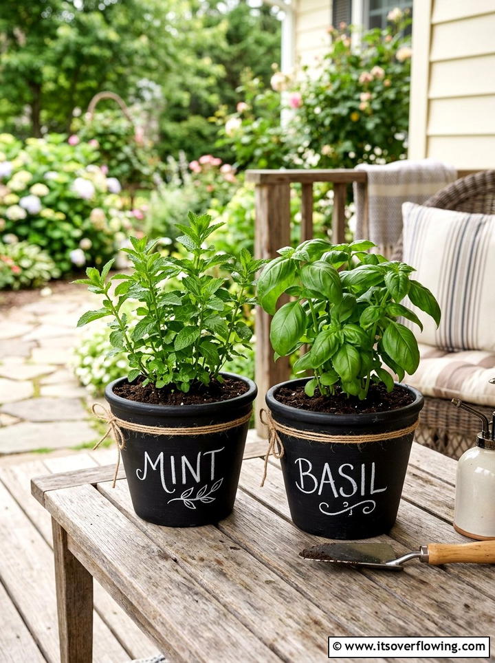 Chalkboard herb planter - 25 front porch ideas with herb planters