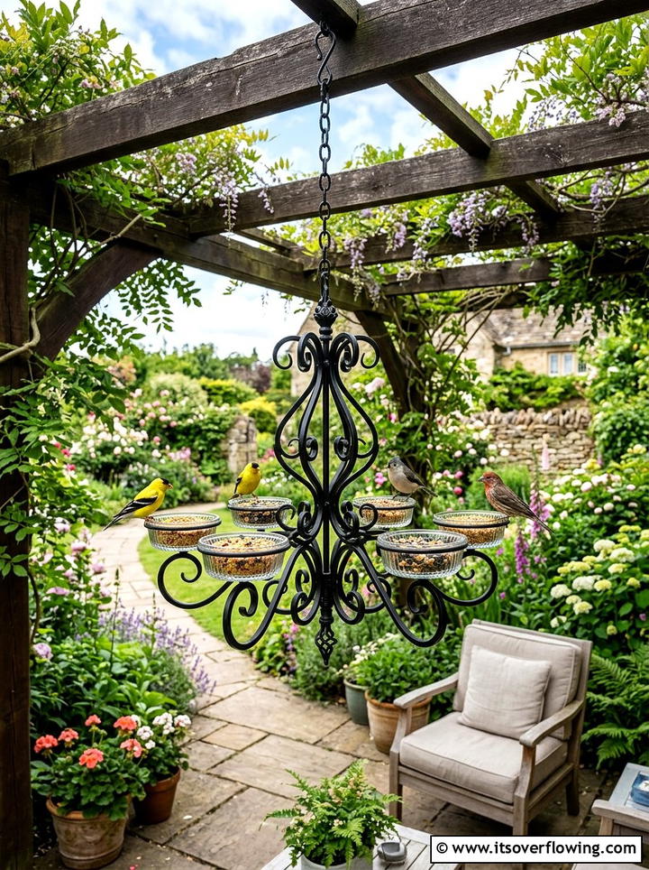 Chandelier Bird Feeder - 25 recycled garden ideas for patio decor