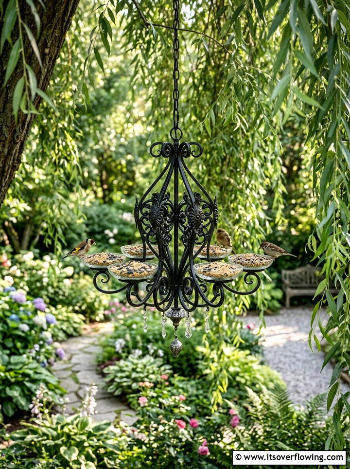 Chandelier Bird Feeder - 25 reusing old things ideas for yard art