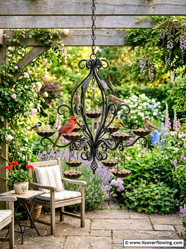 Chandelier Bird Feeder - 25 upcycled garden ideas for patios