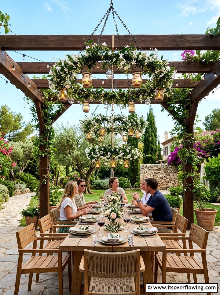 Chandelier floral hoop patio - 25 garden decor ideas with floral hoops