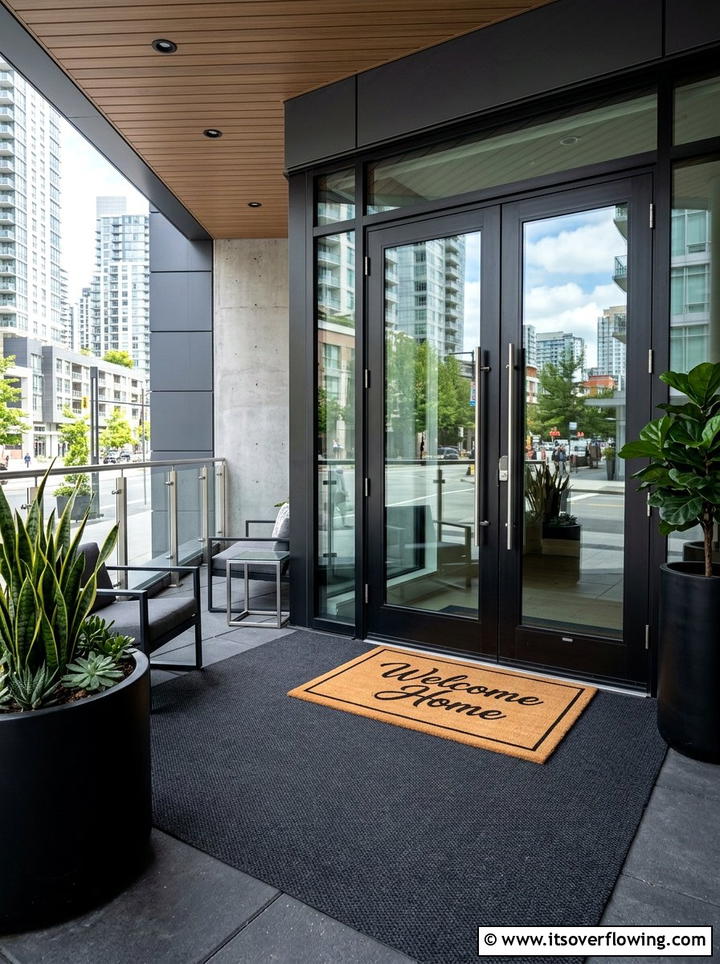 Charcoal outdoor carpet with script doormat - 25 front porch decor ideas with layered mats