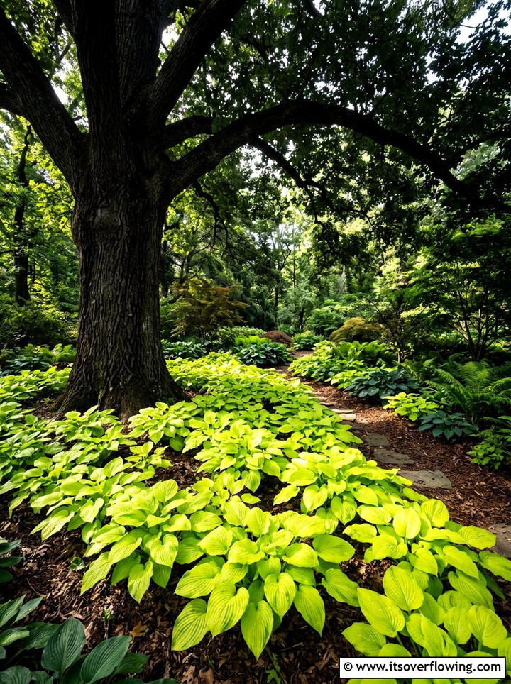 Chartreuse Hostas Under Dark Trees - 25 garden design ideas with bold contrast