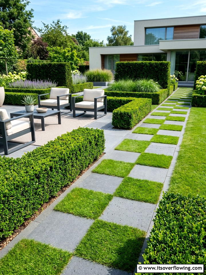 Checkerboard Garden Paver Layout - 25 small garden ideas with narrow pathways