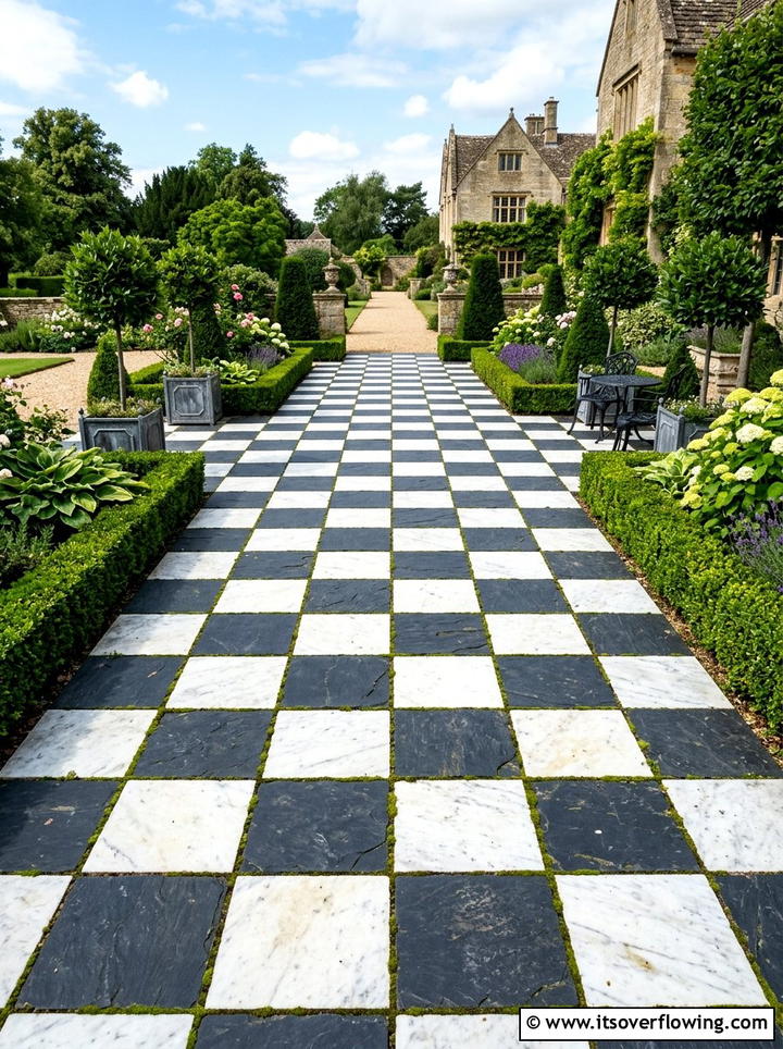Checkerboard Garden Pavers - 25 creative garden ideas with black and white gardens