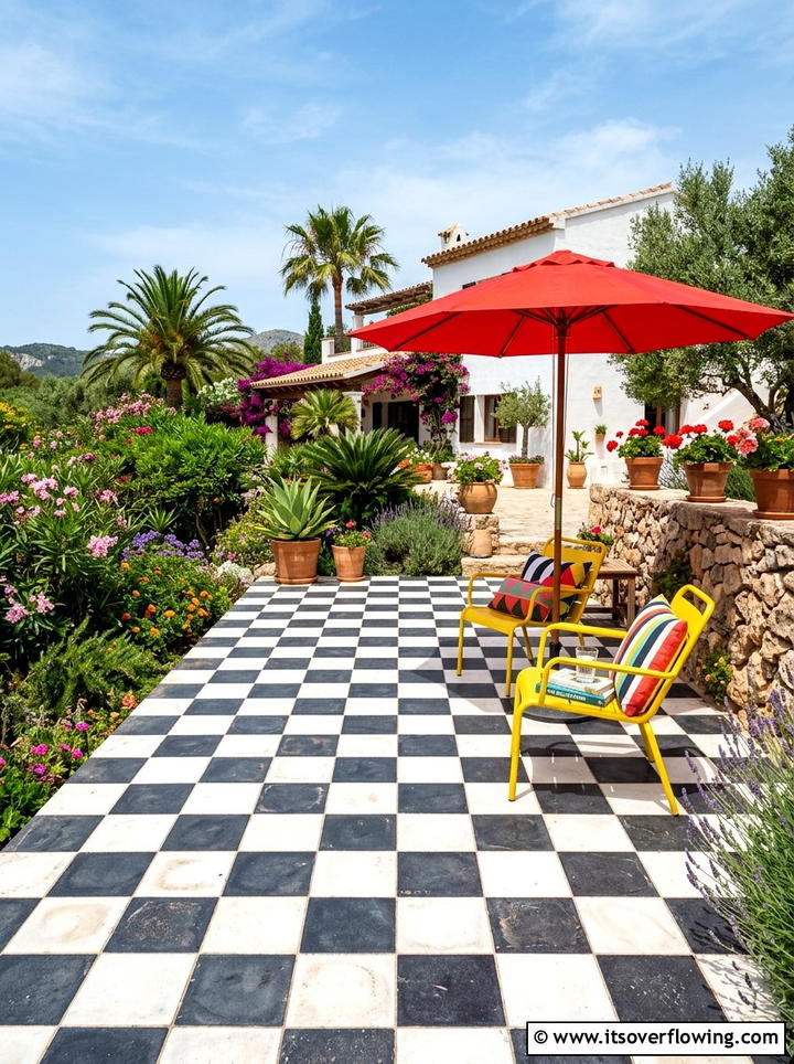 Checkerboard Patio Floor - 25 garden ideas for maximalist style