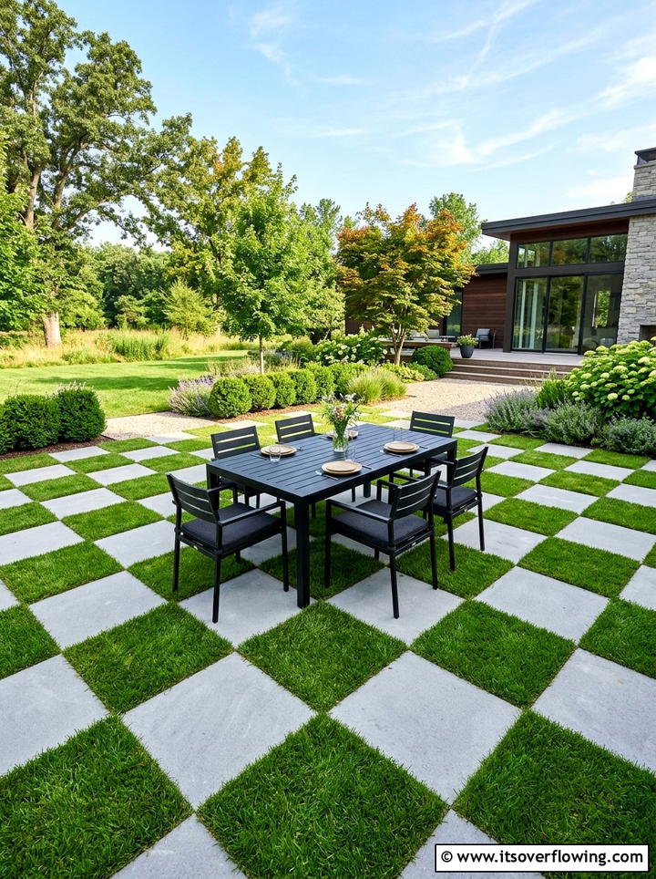 Checkerboard Paver And Grass Patio - 25 garden design ideas with bold contrast