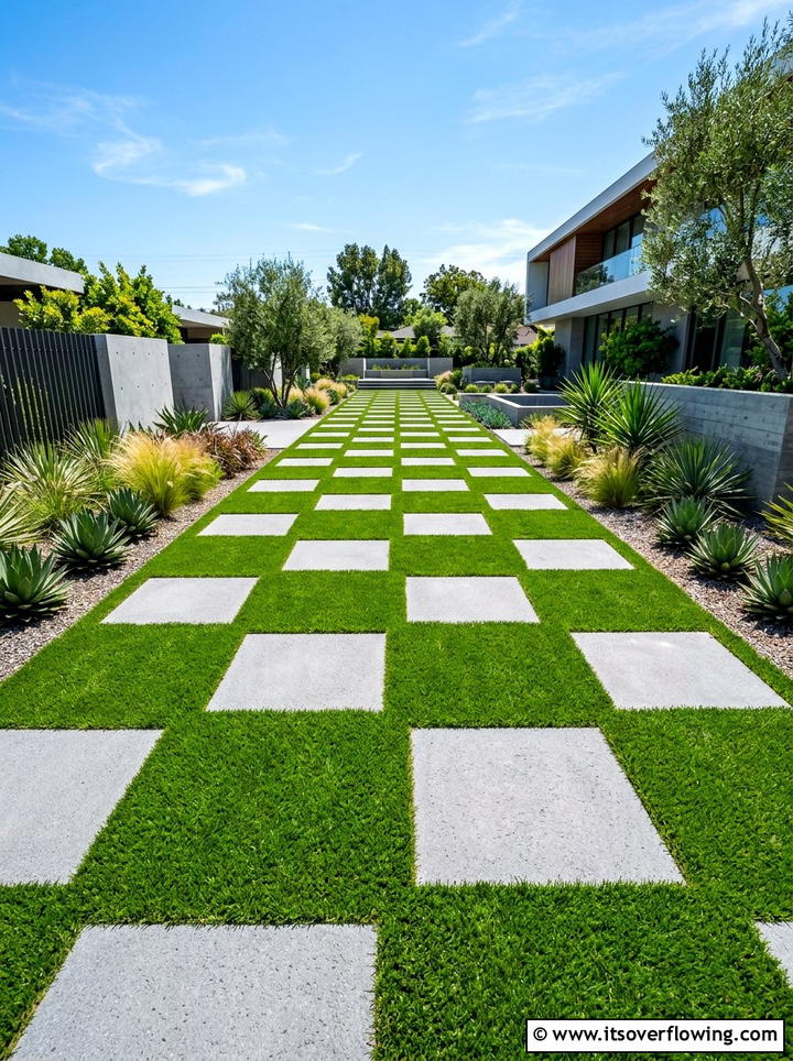Checkerboard Paver And Grass - 25 garden ideas with pathways
