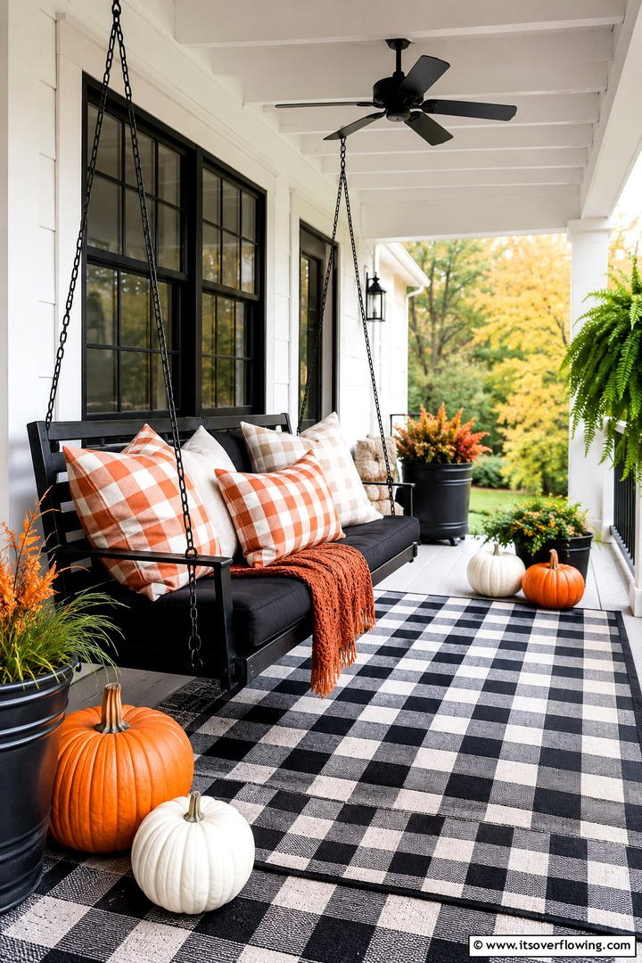 Checkered Pattern Mix - 50 Modern Fall Porch Decor Ideas Roundup- Warm Welcomes