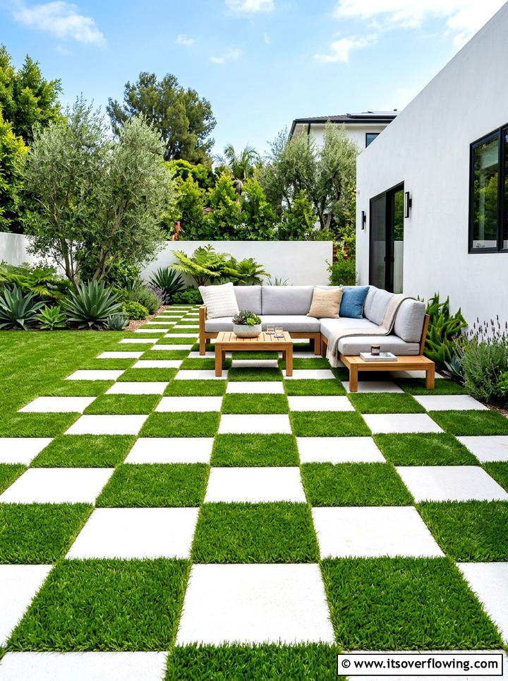 Checkered Turf And Paver - 25 backyard ideas with pavers