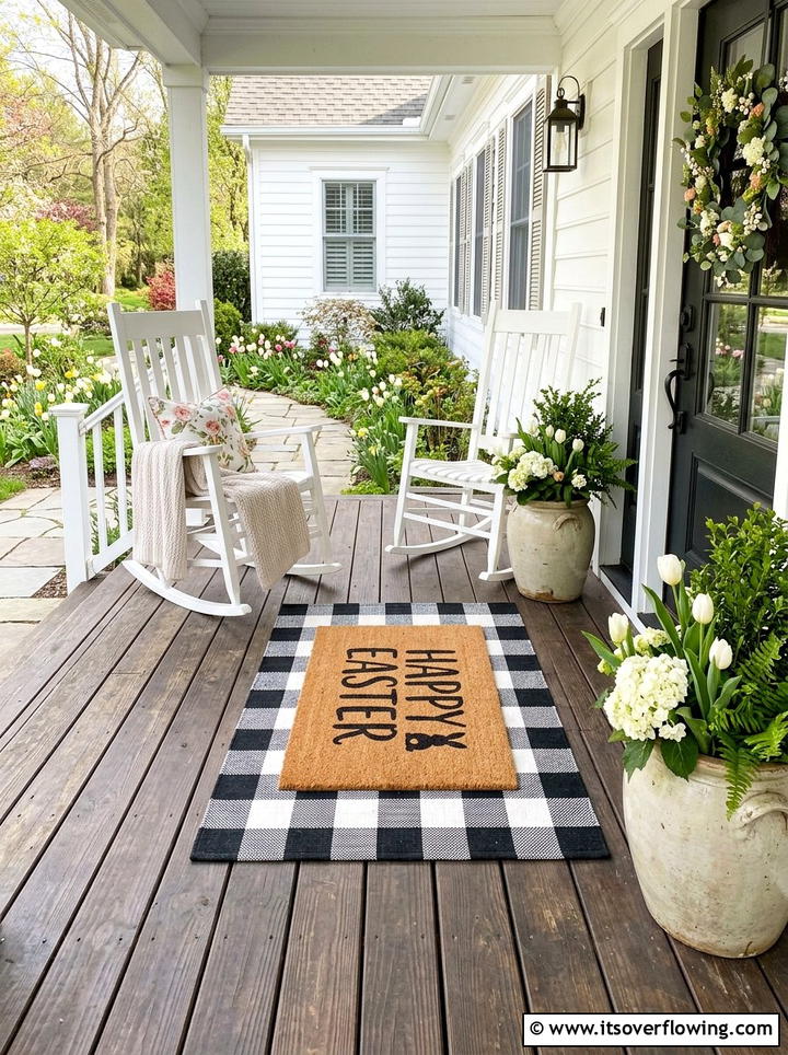 Checkered Welcome Mat Layering - 25 front porch decor ideas for easter