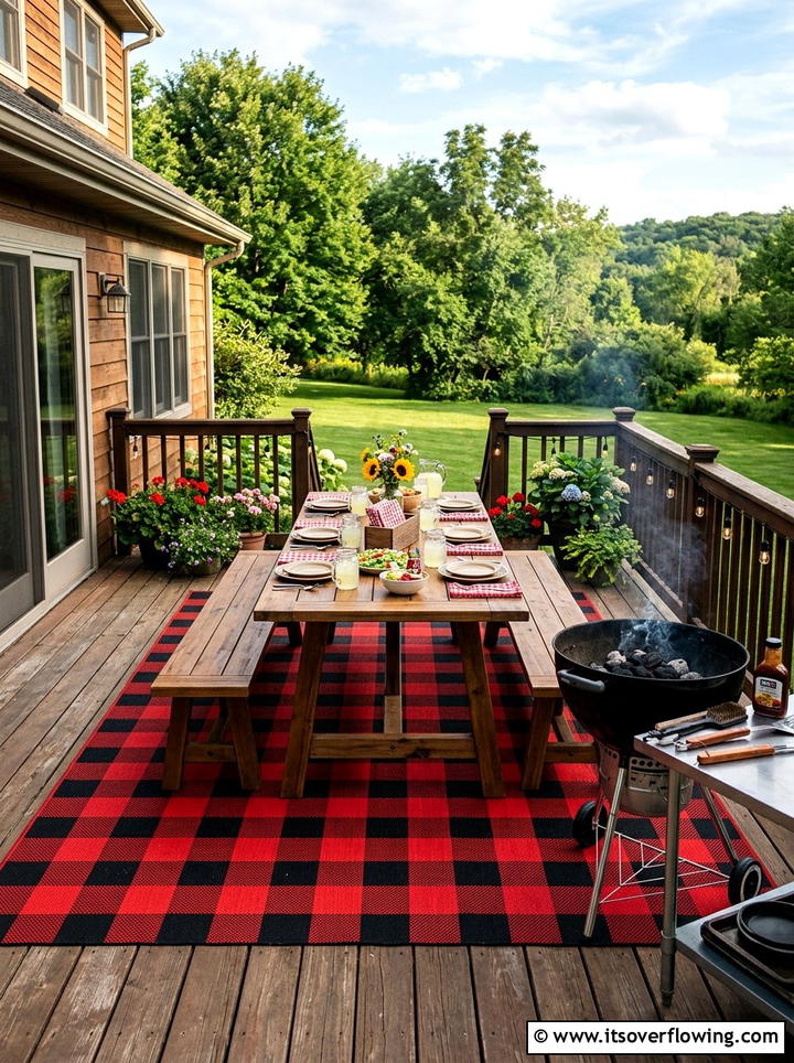Checkered rug for deck - 25 garden decor ideas with outdoor rugs