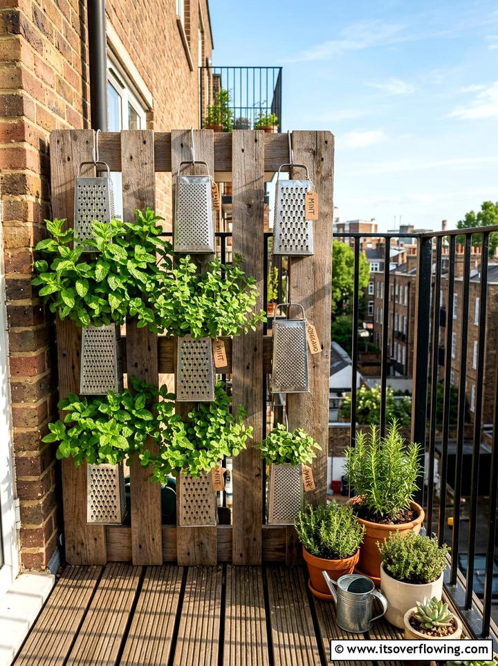 Cheese Grater Herb Planter - 25 recycled garden ideas with old kitchenware