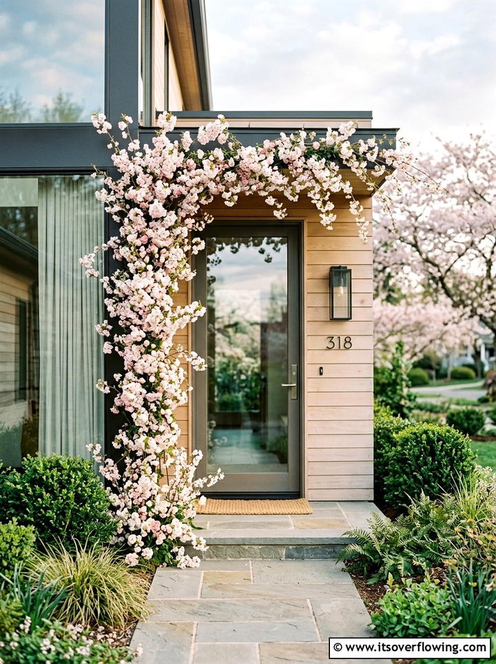 Cherry blossom front door garland - 25 front porch ideas with floral garland
