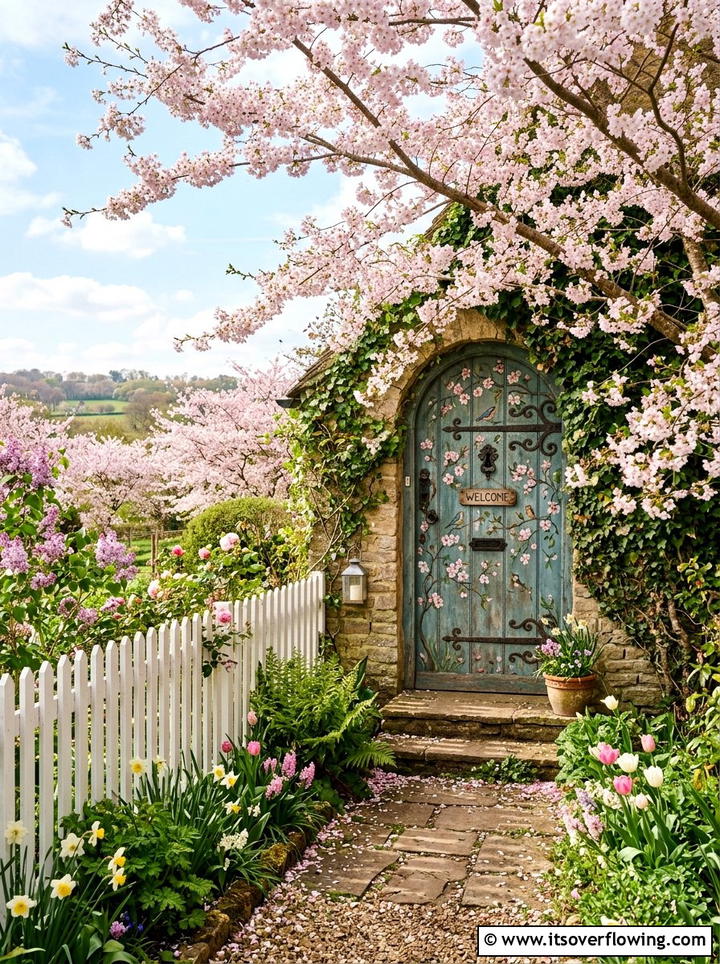 Cherry blossom whimsical door - 25 front porch ideas with door garland