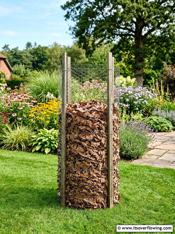 Chicken Wire Cylinder - 25 recycled garden ideas with leaf mold bins
