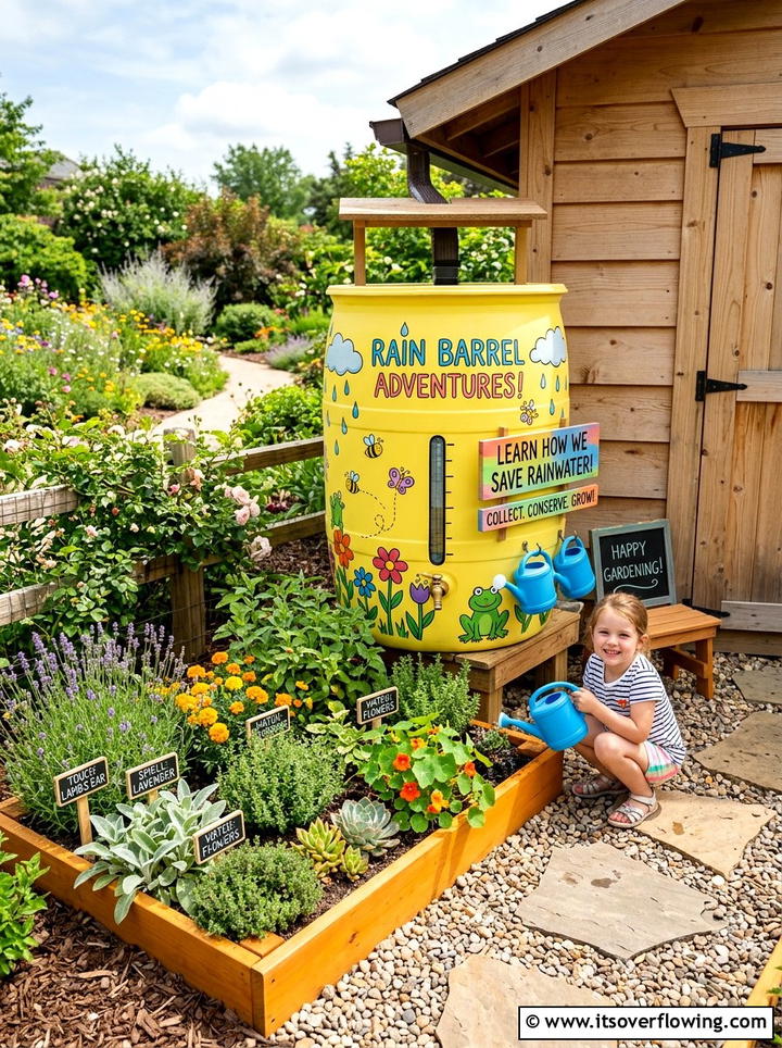 Child Friendly Rain Barrel Education Corner - 25 backyard ideas with rain barrel setup