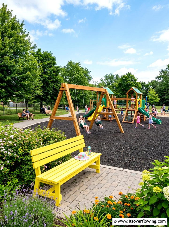 Childrens play area with colorful bench - 25 backyard ideas with benches