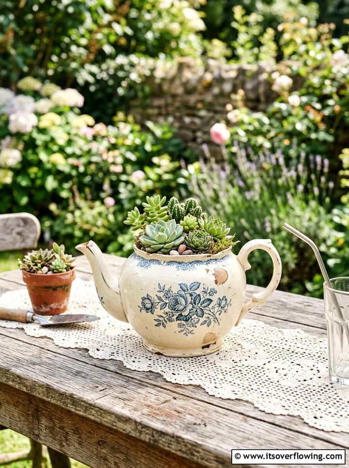 Chipped China Teapot - 25 reusing old things ideas for rustic garden look