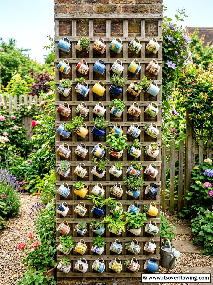 Chipped Mug Vertical Planter - 25 recycled garden ideas with chipped dishes