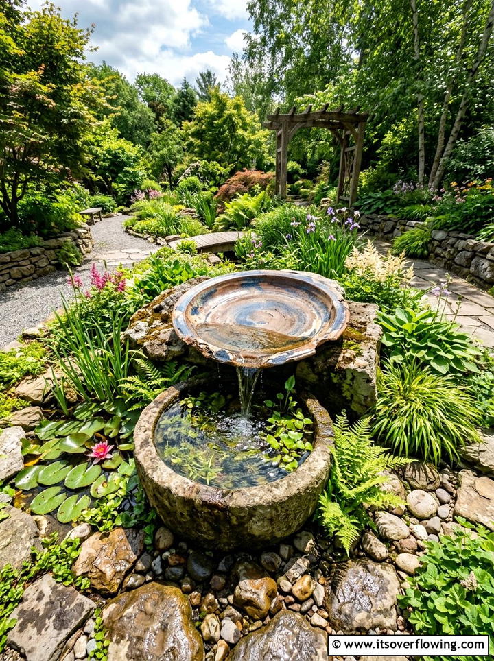 Chipped Platter Water Feature - 25 recycled garden ideas with chipped dishes