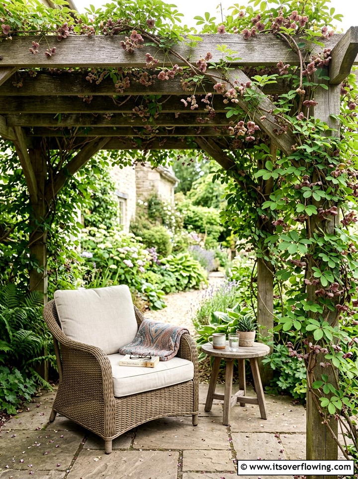 Chocolate vine shaded seating - 25 creative garden ideas with pergola vines