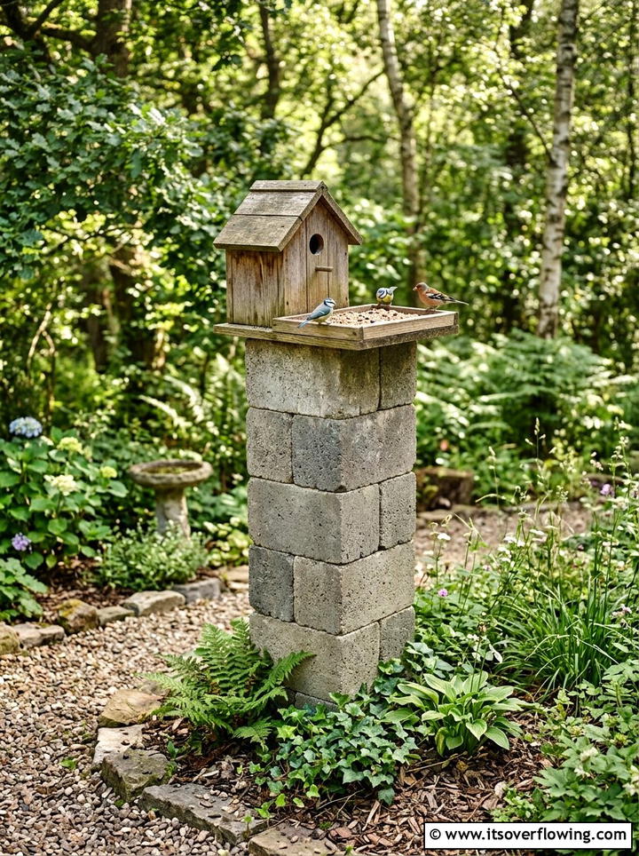 Cinder Block Bird Feeder Stand - 25 upcycled garden ideas with cinder blocks