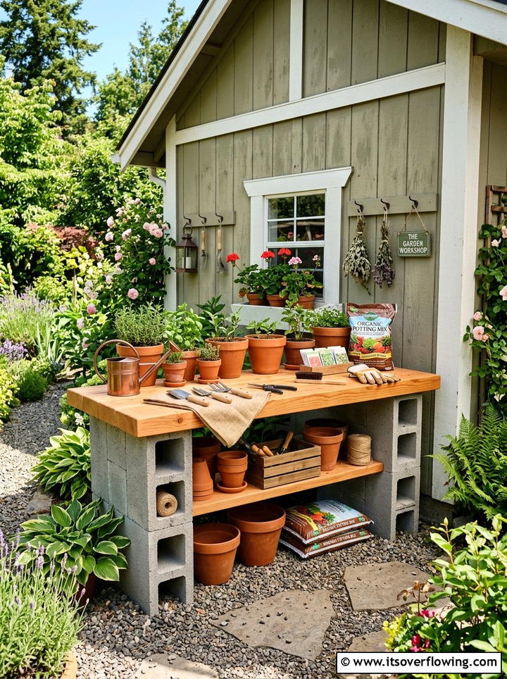 Cinder Block Potting Bench - 25 upcycled garden ideas with cinder blocks