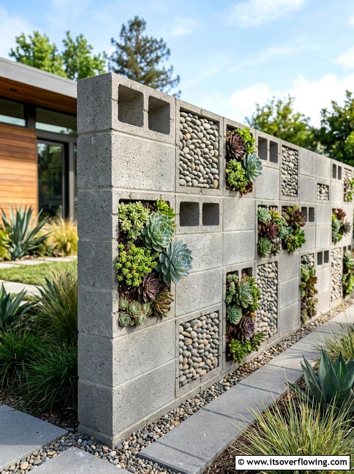 Cinder Block Wall - 25 recycled garden ideas with pebbles