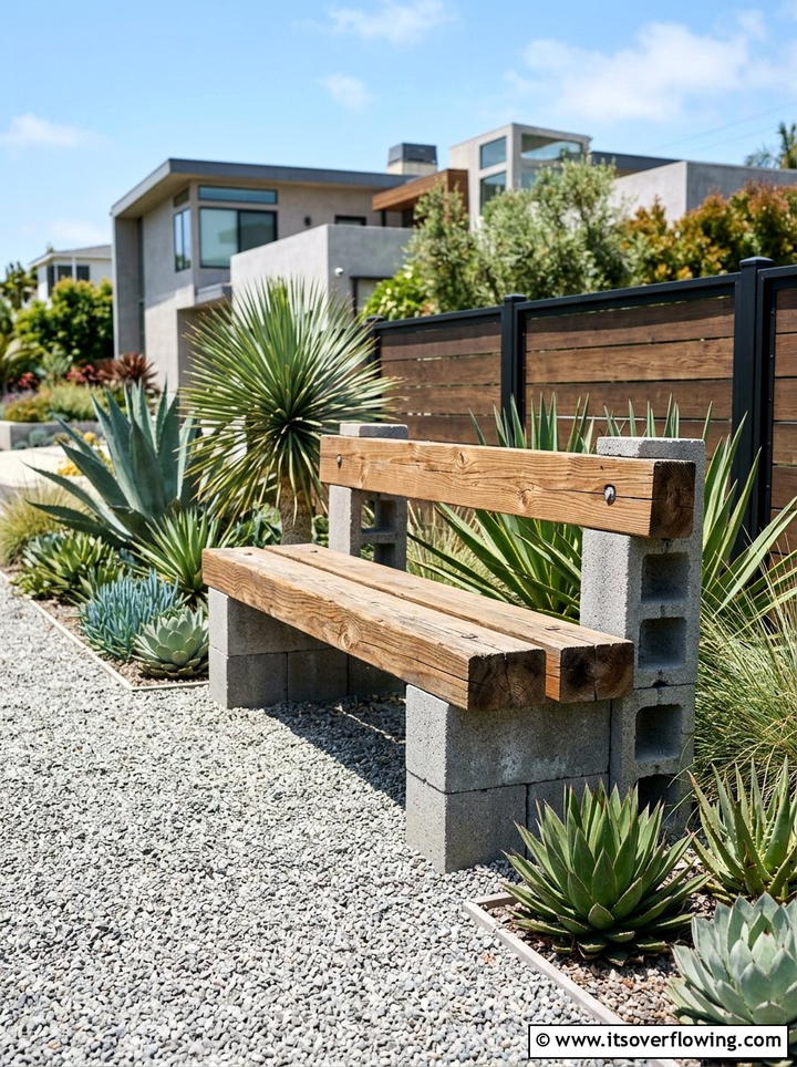 Cinder Block Wood Bench - 25 upcycled garden ideas with garden benches