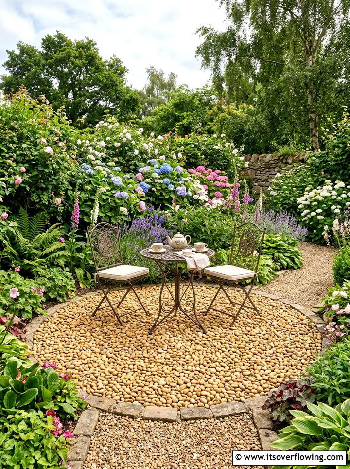Circular pebble seating area - 25 garden decor ideas with pebble accents