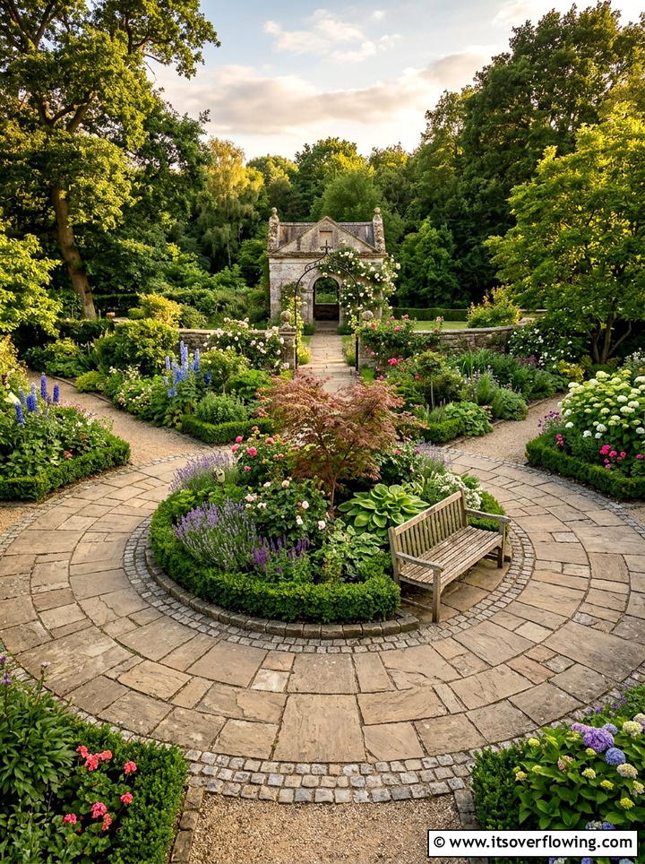 Circular stone landing - 25 backyard ideas with pathways