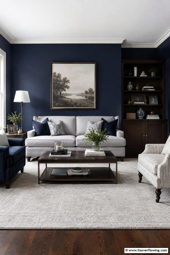 Classic Comfort with Navy Blue Walls - 30 Navy Blue and Grey Living Room Ideas for Sophisticated Style