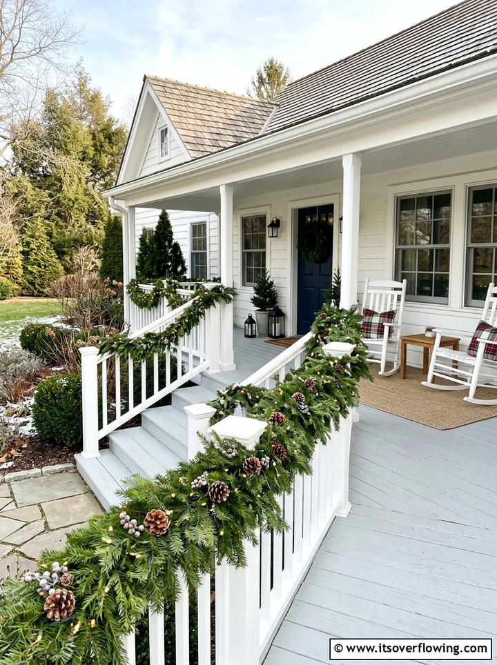 Classic Evergreen Railing Porch - 25 front porch ideas with christmas decor