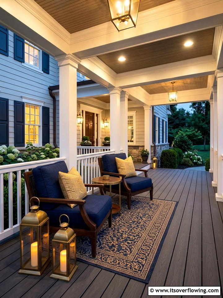 Classic navy and gold porch seating - 25 front porch decor ideas with pillows