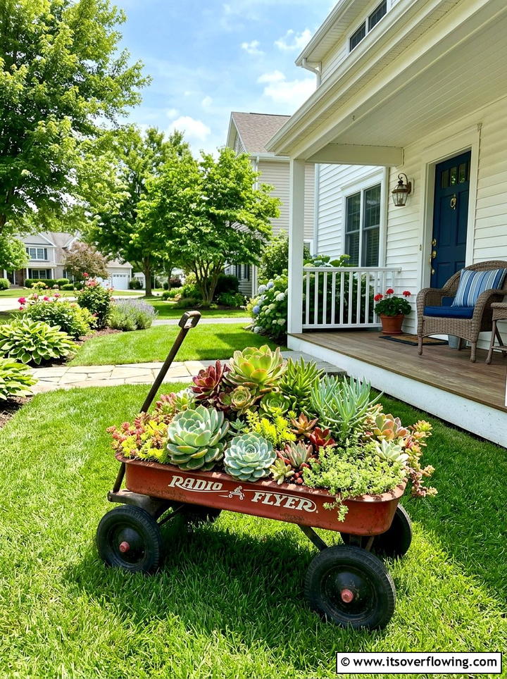 Classic red wagon planter - 25 reusing old things ideas for succulent garden