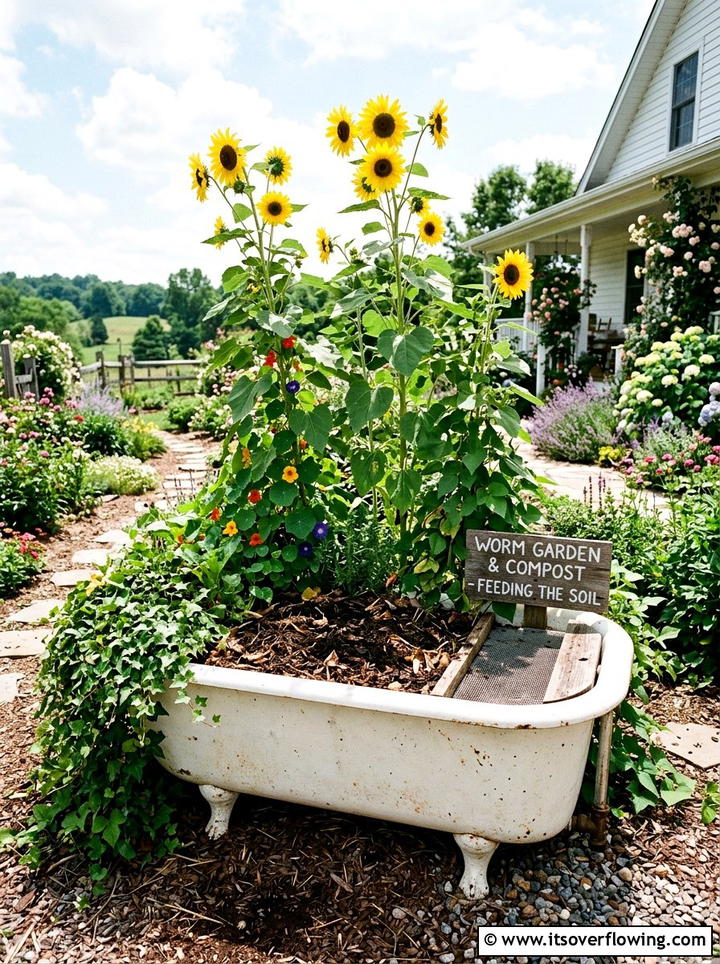 Clawfoot Bathtub Worm Garden - 25 recycled garden ideas with worm bins
