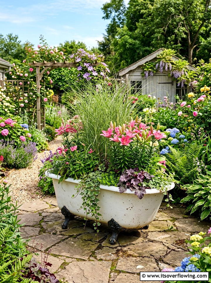 Clawfoot Tub Planter - 25 garden decor ideas with vintage pieces