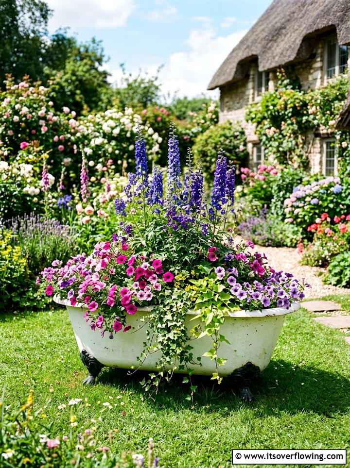 Clawfoot bathtub flower bed - 25 upcycled garden ideas with old bathtubs
