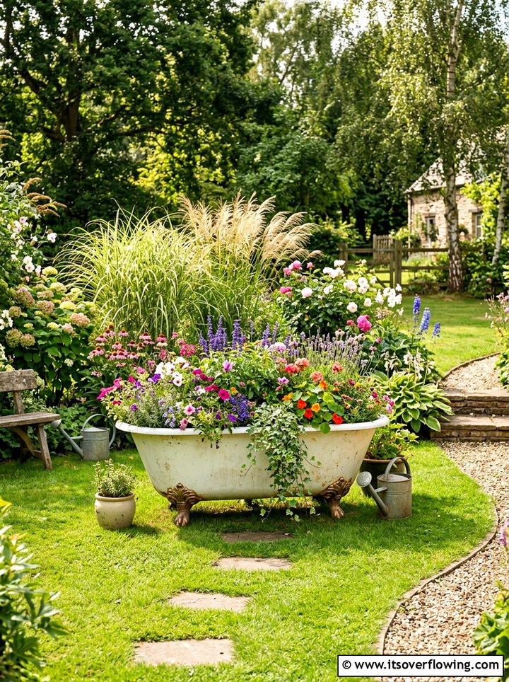 Clawfoot bathtub flower garden - 25 reusing old things ideas for boho garden look