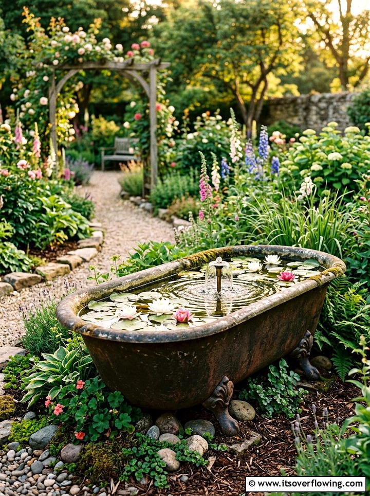 Clawfoot bathtub outdoor pond - 25 upcycled garden ideas with old tubs